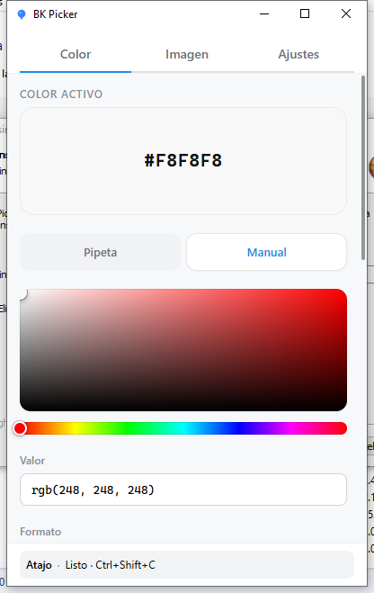 BK Picker: pestaña Color con color activo, Pipeta y Manual