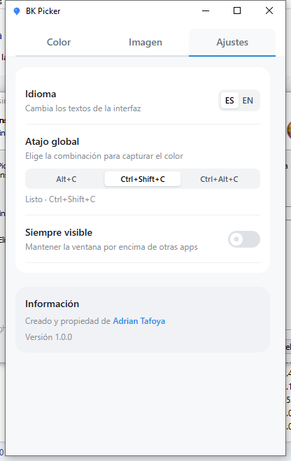 BK Picker: pestaña Ajustes con idioma y atajo